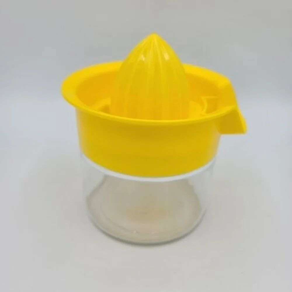 Vintage Gemco Clear Glass Juicer Container With Yellow Lid Manual Fruit Press